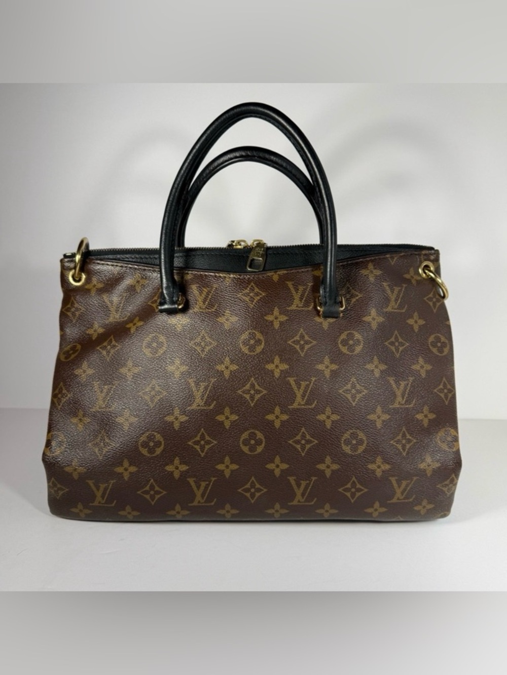 Louis Vuitton Pallas MM Monogram Black Leather Satchel Tote Crossbody w/Strap